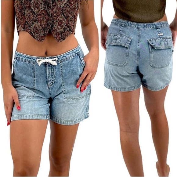 Vintage 90s Jean Shorts Old Navy Drawstring Waist Patch Pocket Light Wash | Sz 4 - Picture 1 of 9